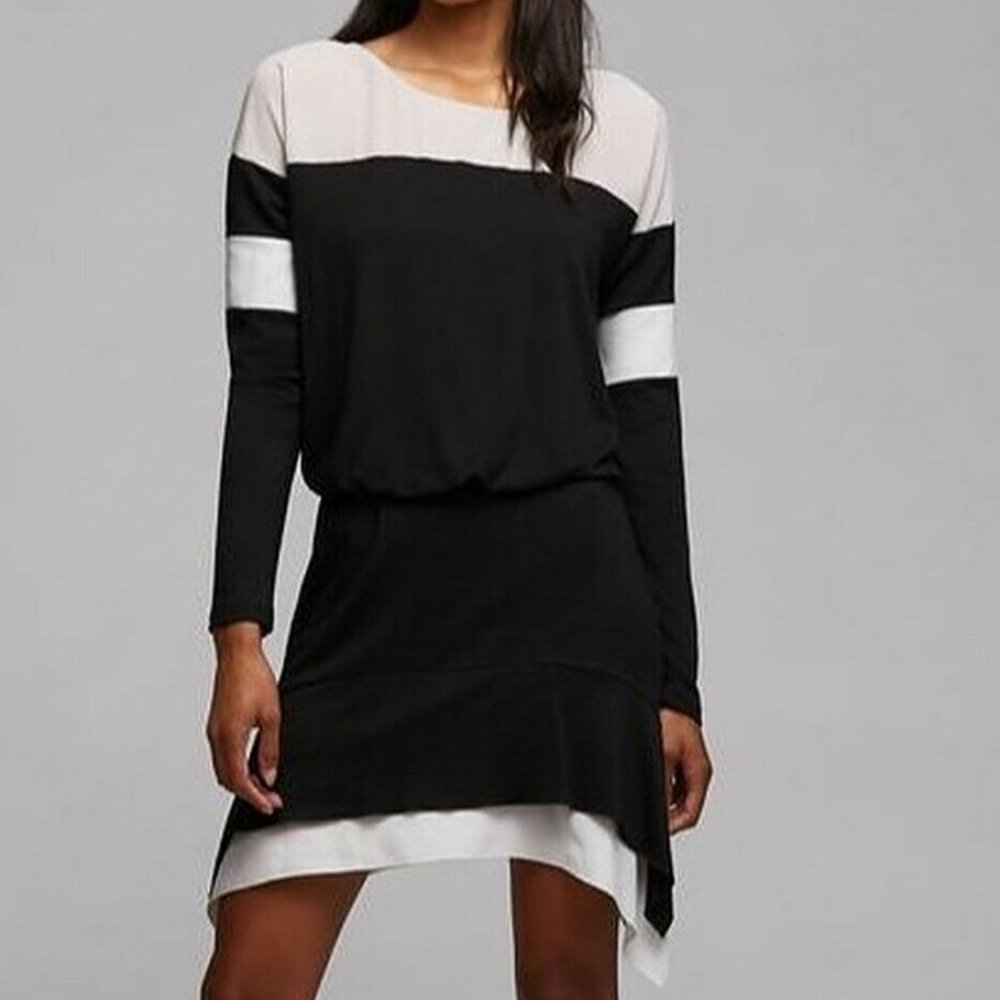 Bailey 44 Harper Blouson Dress Size Large L Women Black Beige Asymmetrical
